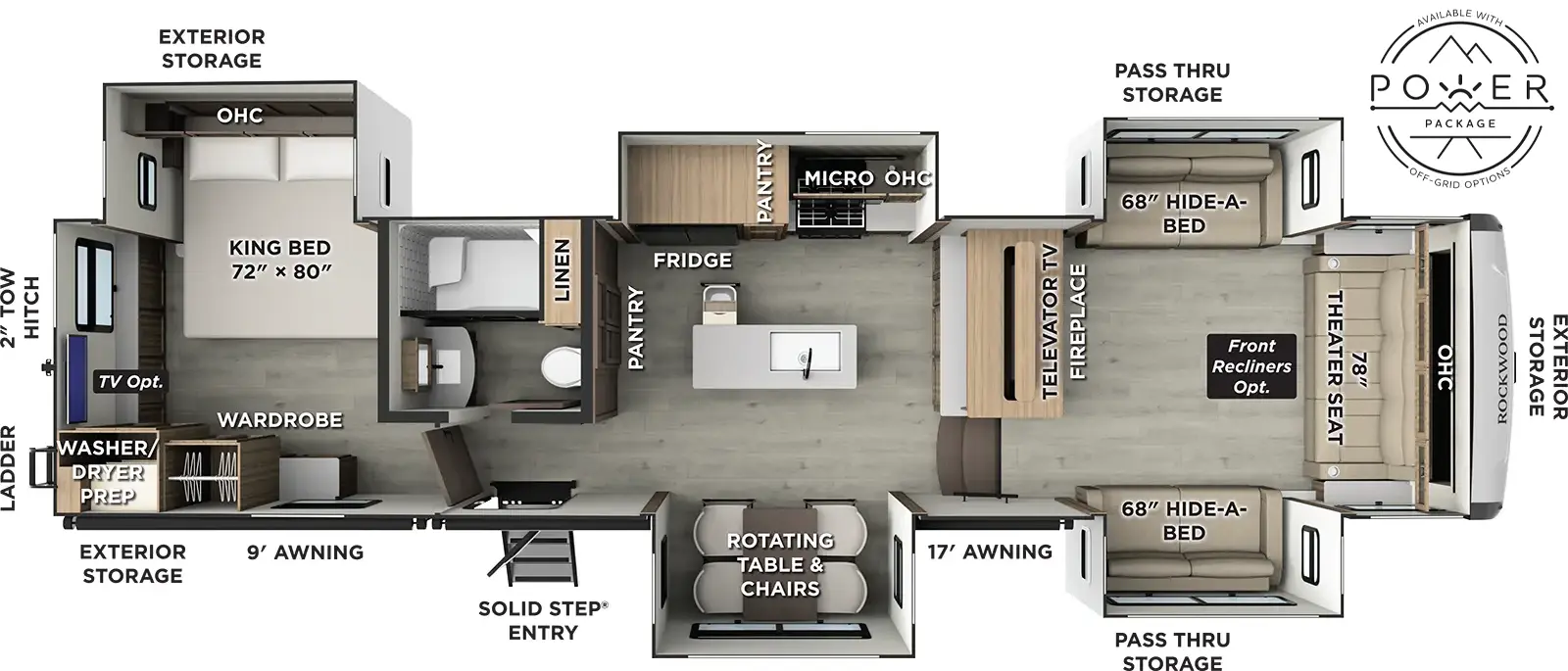 The Rockwood Signature Fifth Wheels 402SFL floorplan has one entry and five slide outs. Exterior features include: fiberglass exterior and 9' & 16' awning. Interiors features include: kitchen island, rear bedroom and front living.